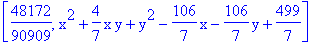 [48172/90909, x^2+4/7*x*y+y^2-106/7*x-106/7*y+499/7]